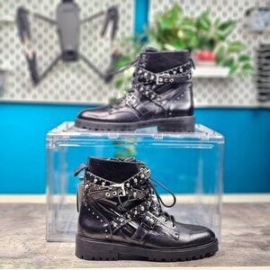 ZARA Stud Crystal Leather Moto Boot SZ 10